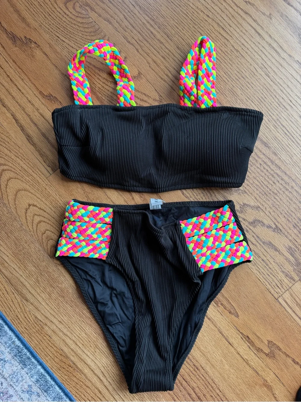 Black High-Waist Bikini with Neon Braided Straps